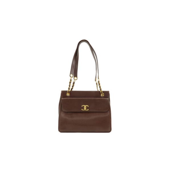 ChanelL BROWN CAVIAR DOUBLE CHAIN SHOULDER TOTE BAG GOLD A05456 (26*22*10.5cm)
