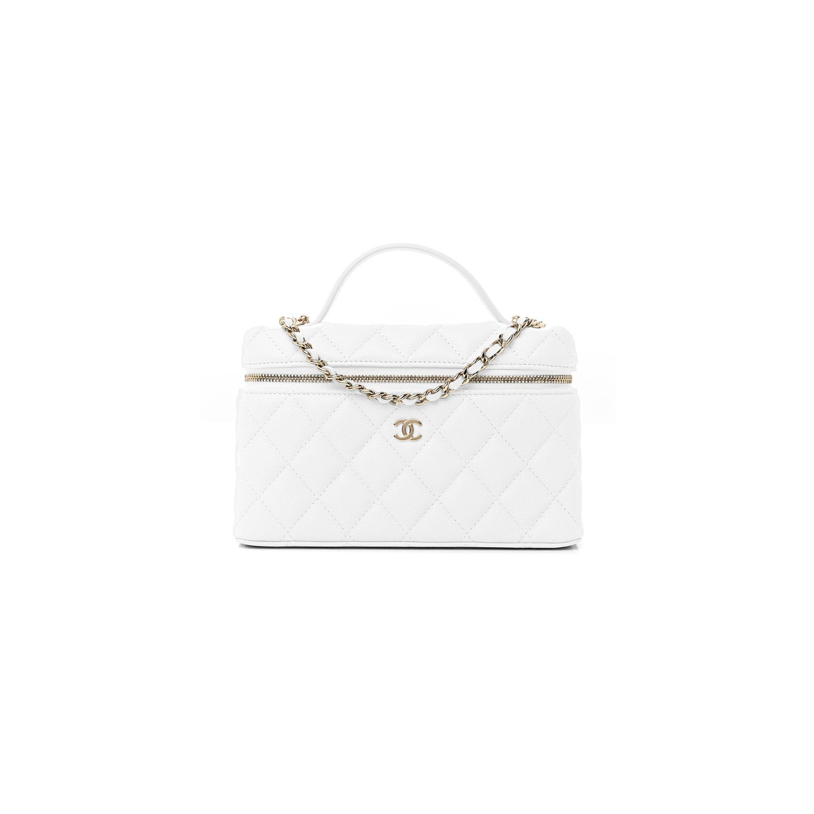 ChanelL CC TOP HANDLE LONG VANITY CASE WITH CHAIN SHINY CAVIAR LIGHT GOLD HARDWARE WHITE AP4385 B10581 (19.5*17*5cm)