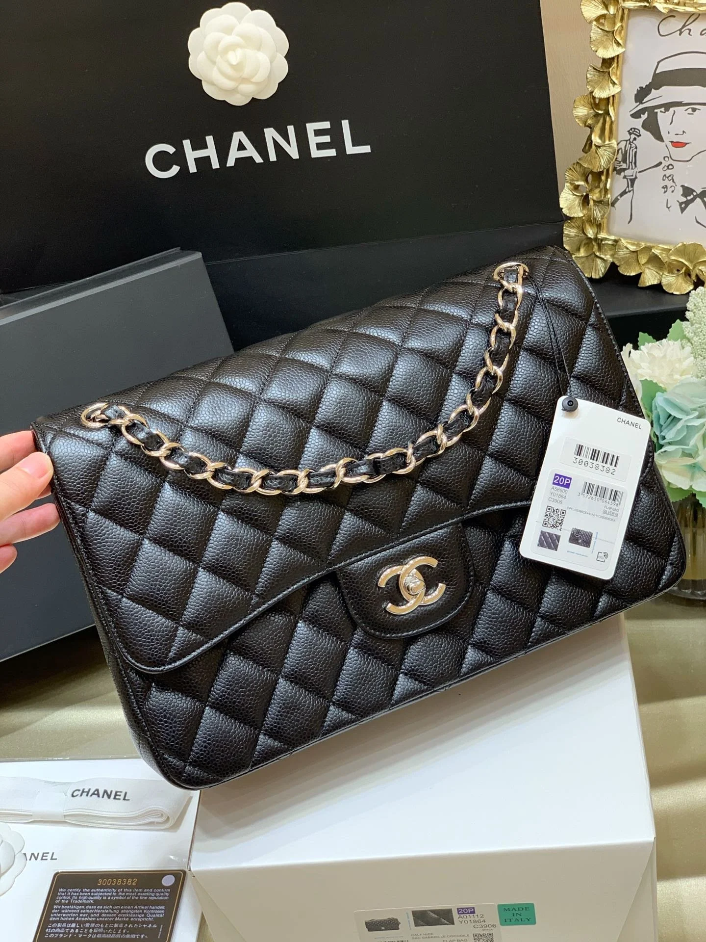 Chanell Flap Bag-Cavir Leather-Silver-30CM