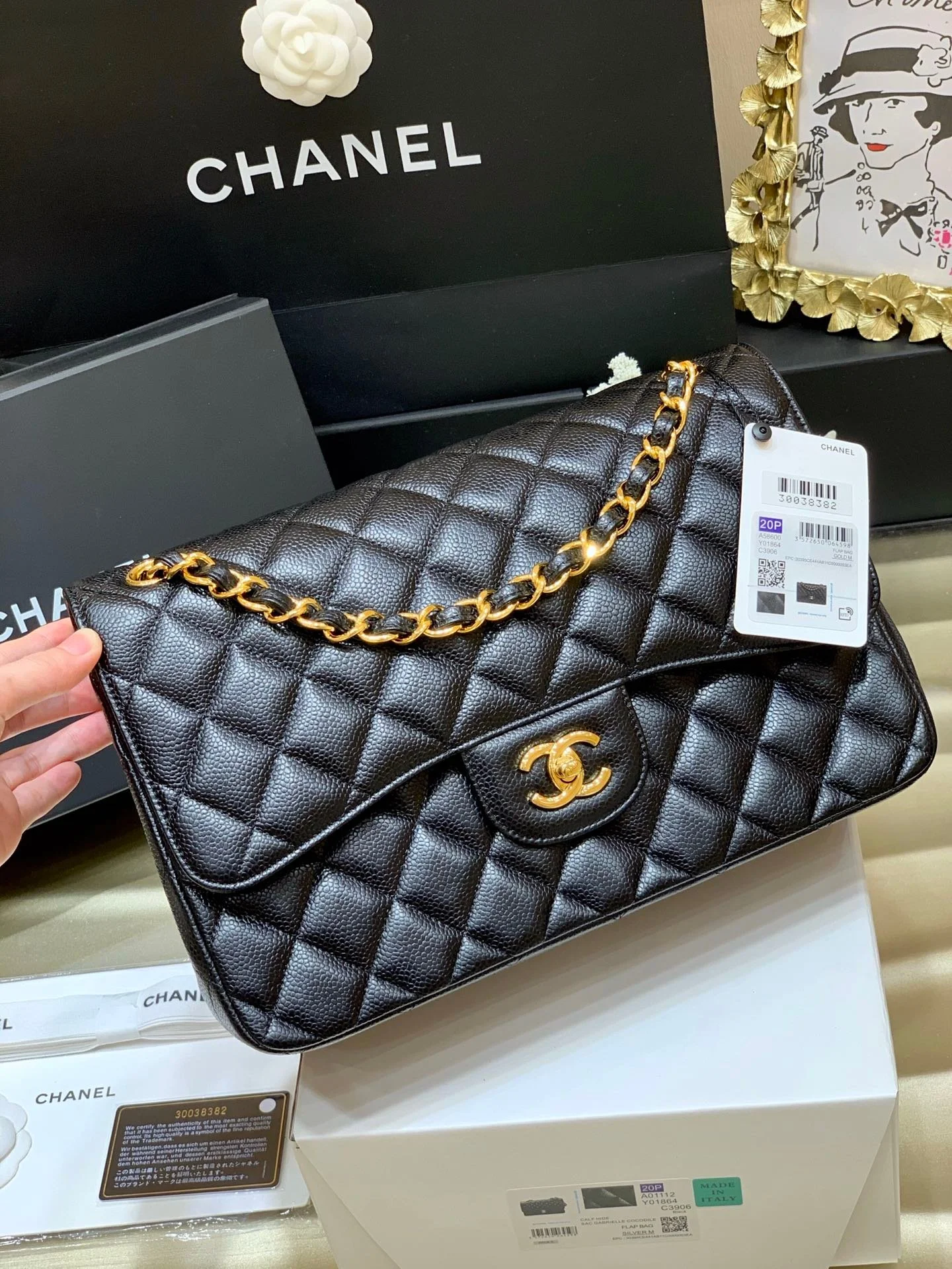 Chanell Flap Bag-Cavir Leather-Gold-30CM
