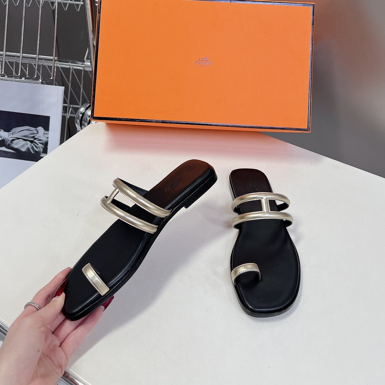 Georgia Sandals Gold Black Calfskin