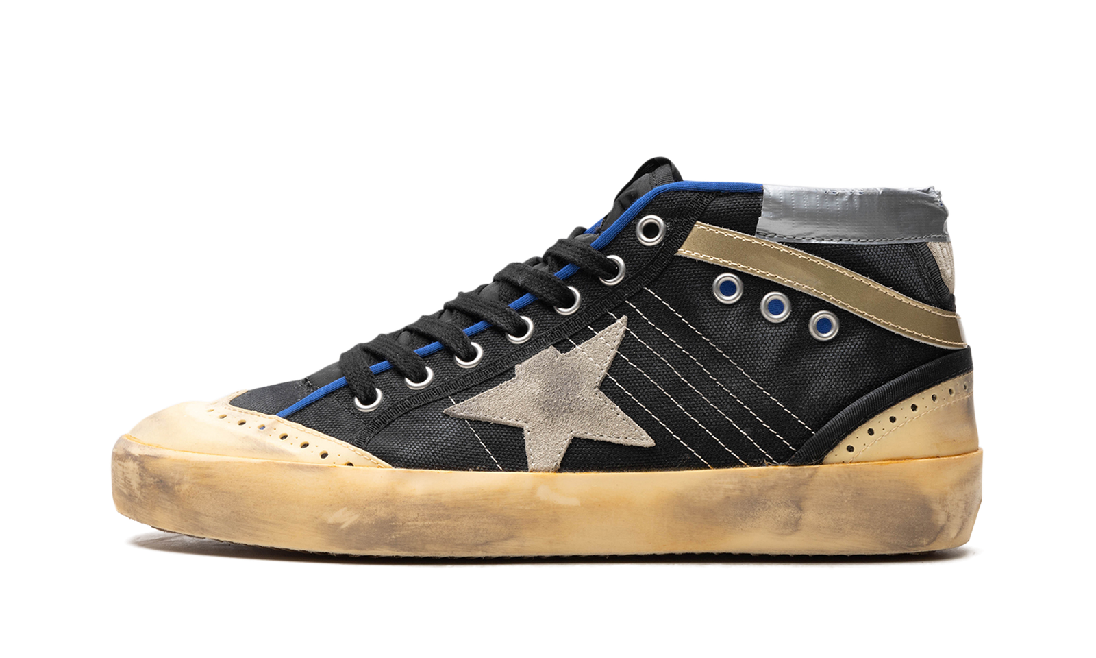 MID STAR CANVAS UPPER SUEDE STAR AND HEEL NYLON TONGUE RUBBER TOE AND SPUR "BLACK ICE VANILLA GOLD"