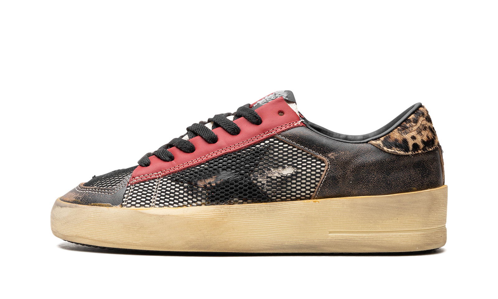 STARDAN NET AND VINTAGE LEATHER UPPER NYLON TONGUE VINTAGE LEATHER STAR LEOPARD HORSY HEEL "BLACK RED LEOPARD BROWN"