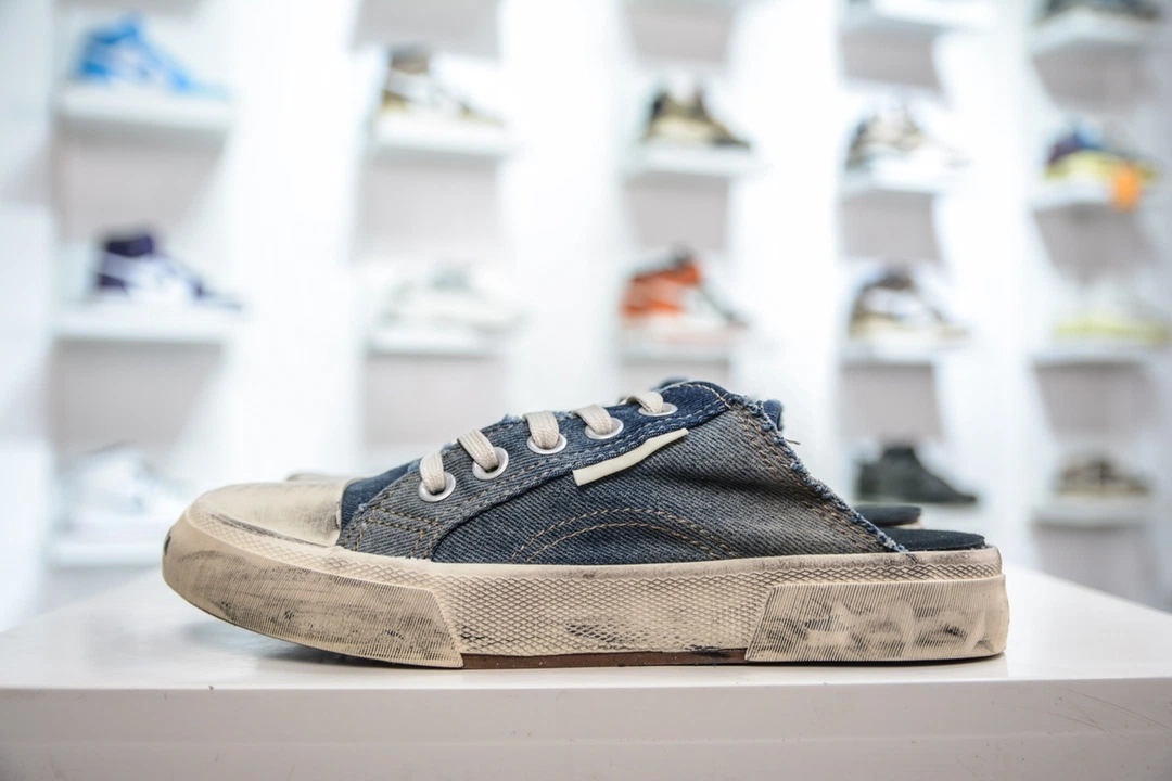 Balenciaga Paris Mule in Blue Destroyed Denim Rubber